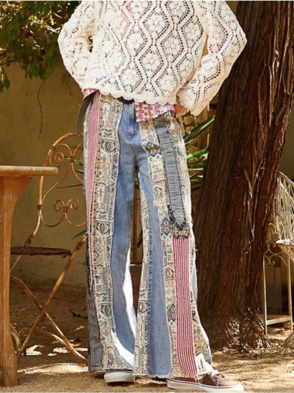 New: POL “Be Legendary” Bohemian Mixed Patchwork Wide Leg Jeans• Large - Picture 2 of 8